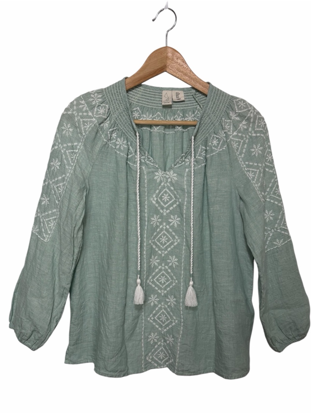 Joie Women S Green Linen Embroidered Shirred Long Slv Top Tassle Tie Boho Casual